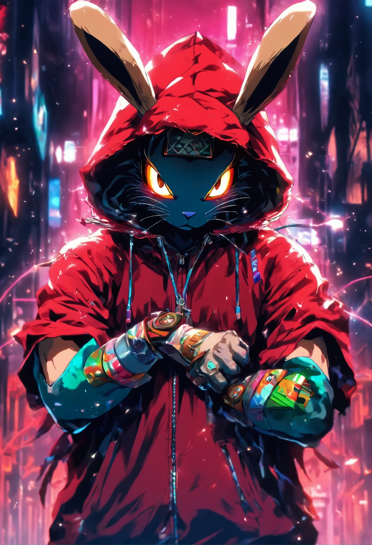 ((((masterpiece, best quality, ultra detail, very_high_resolution, large_filesize, full color)))), Cool rabbit, sharp eyes, cool, Red pupils, Wearing an oversized hoodie, Colorful hoodies, Carrying a weapon with a metal ball attached to it on a chain,