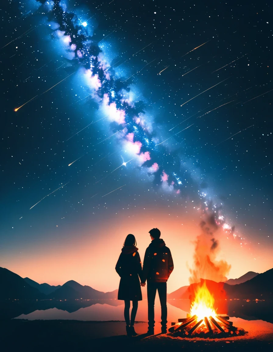 bonfire,Back view of couple in love,  double exposure,Starry Sky,