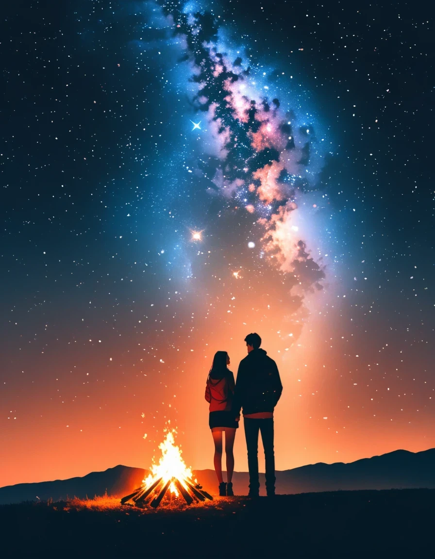 bonfire,Back view of couple in love,  double exposure,Starry Sky,