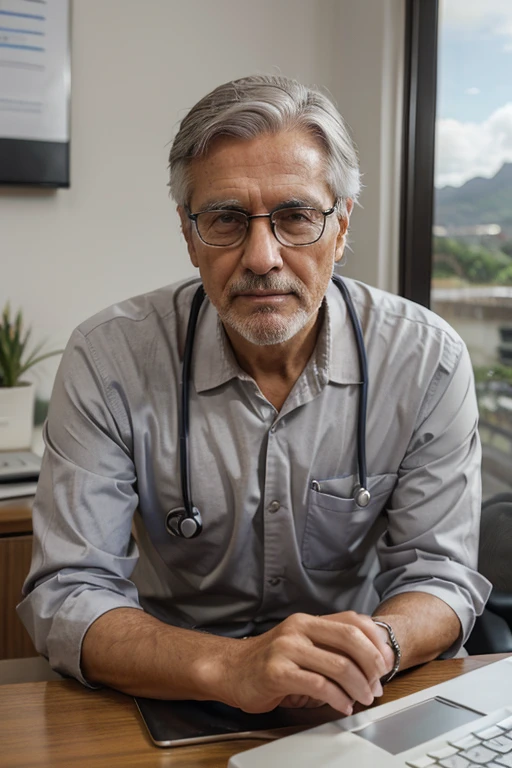Gray-haired doctor in his 60s, in your office, sentado na cadeira a frente da saua mesa com um laptop na frente.