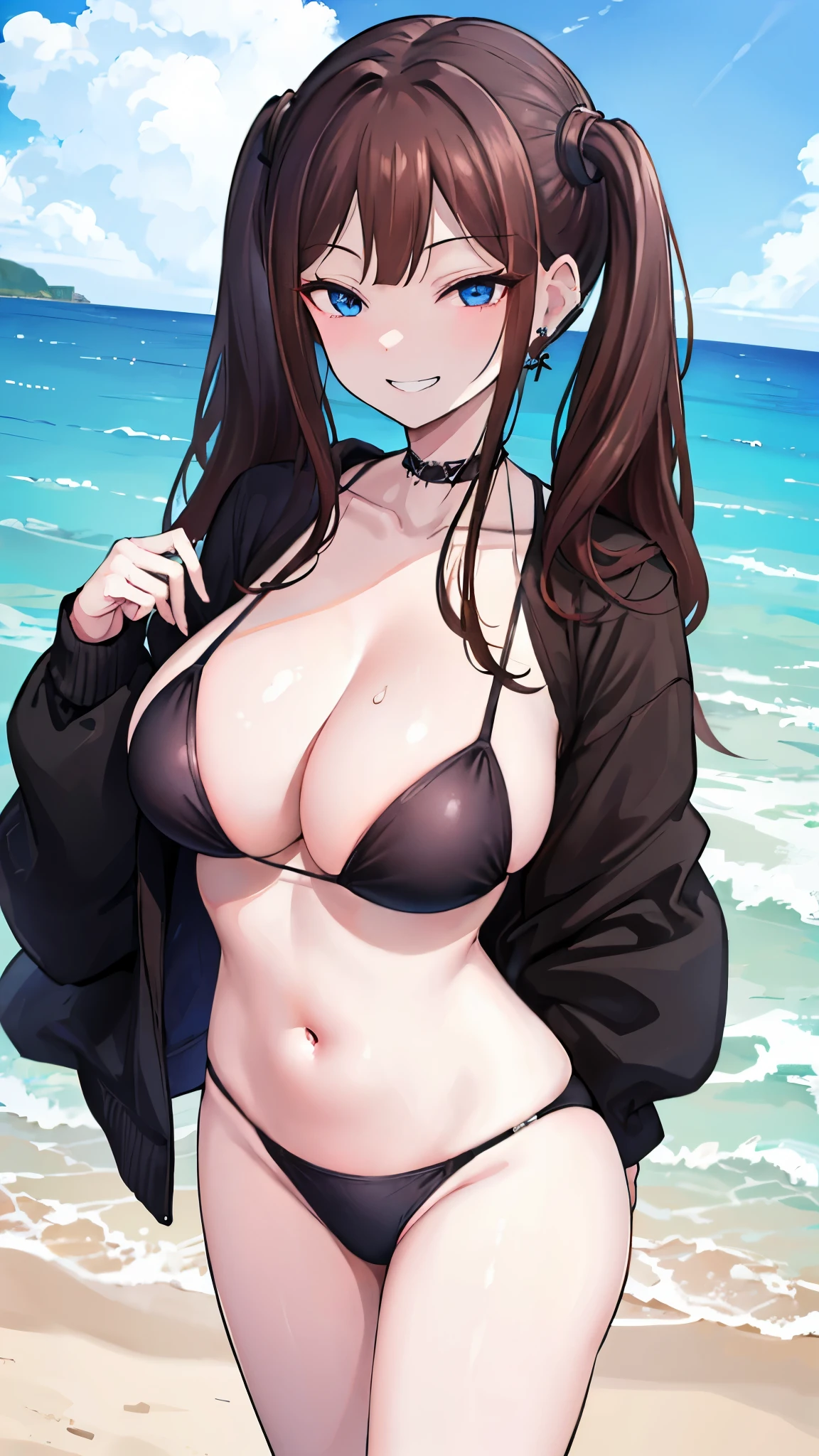 (masterpiece、highest quality、Super detailed)、One girl、tsubame、Brown Hair、twintails、Blue eyes、evil smile、((Grin))、Earrings、big breasts、((black bikini))、Cowboy Shot、Are standing、Seaside Background