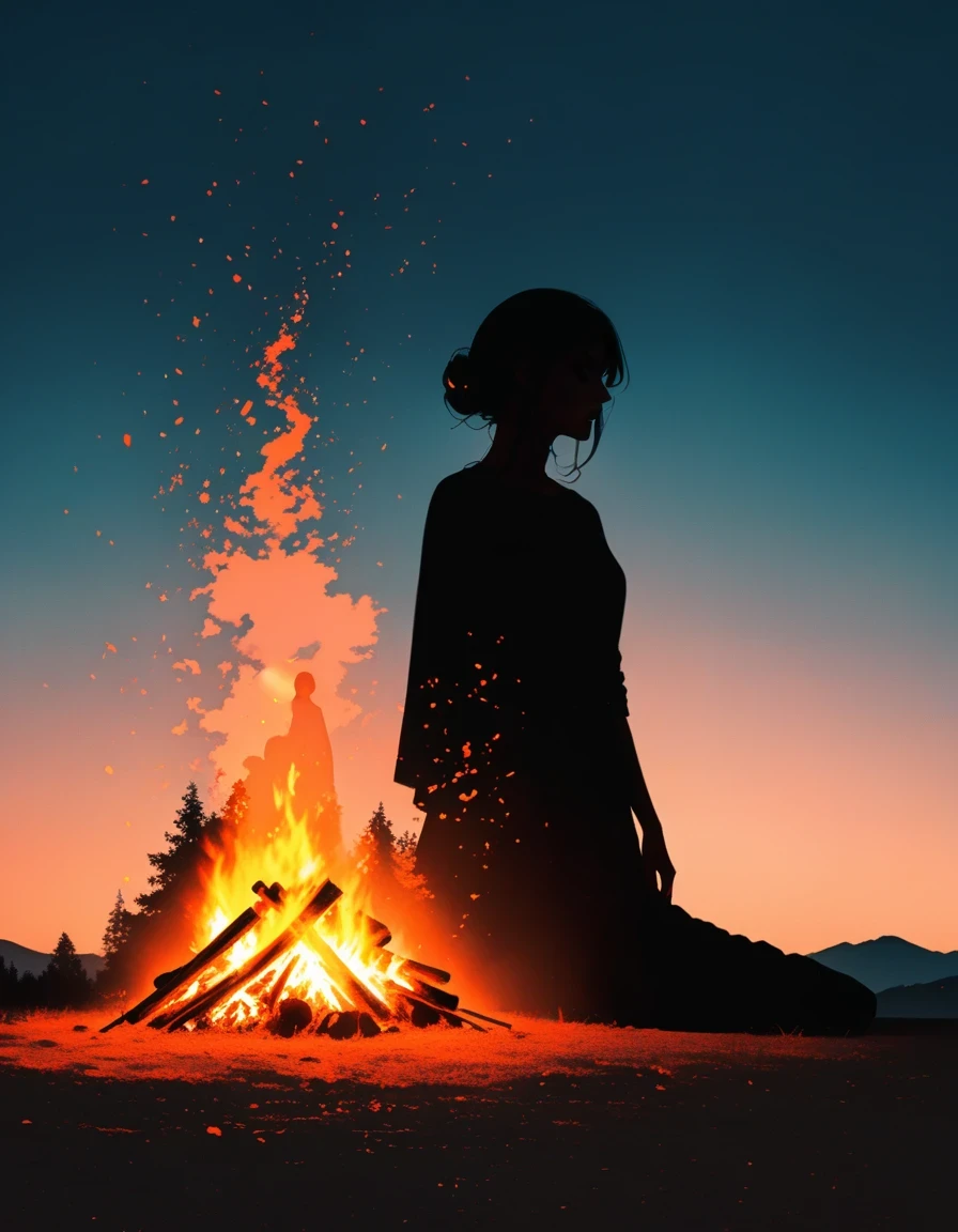 bonfire,Beautiful dancer's slender shadow on the ground,double exposure,Solitary,bonfire