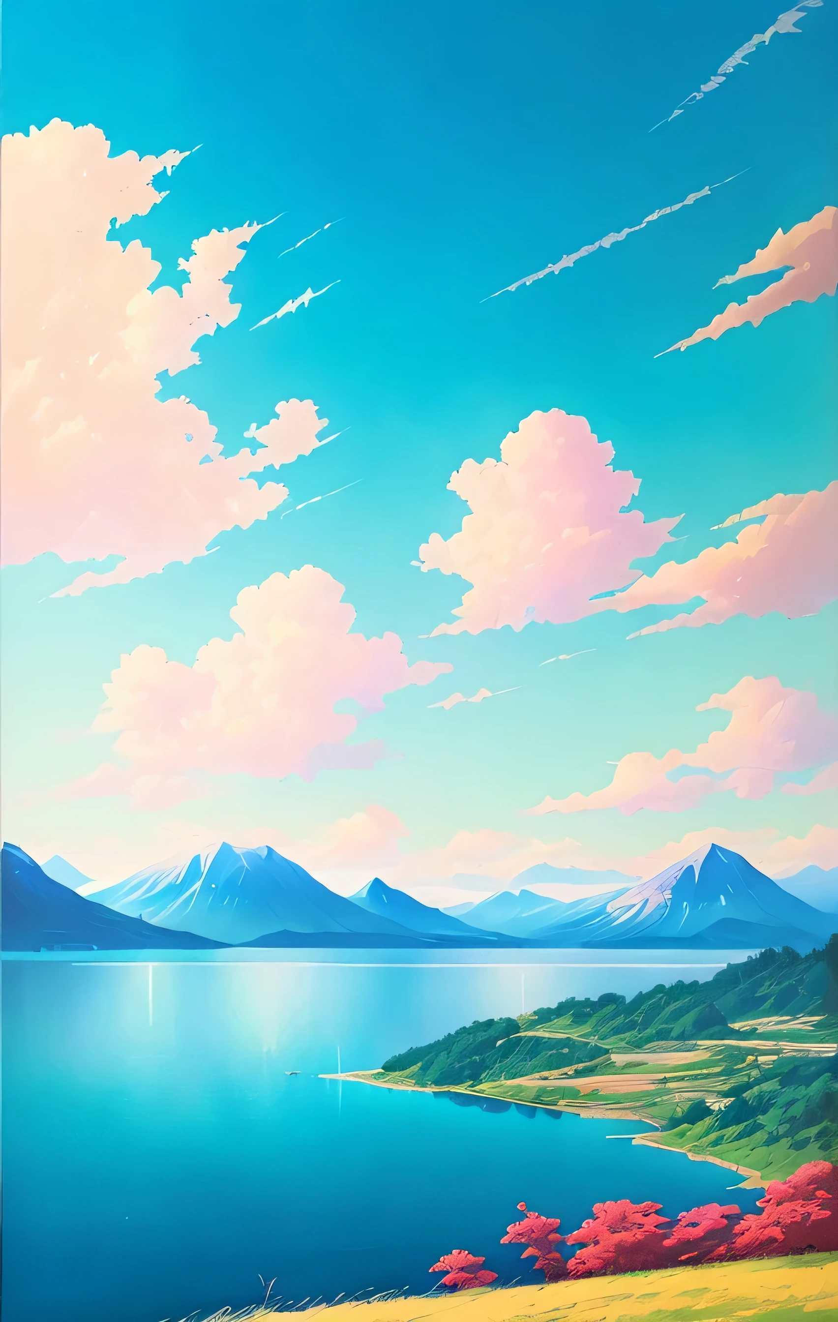 Realistic, beautiful Stunning landscape oil painting with clouds and lake background by greg rutkowski, style of laurie greasley, studio ghibli, akira toriyama, james gilleard, genshin impact, trending pixiv fanbox, acrylic palette knife, 4k, (vibrant colors), (highly saturated), devinart, trending on artstation