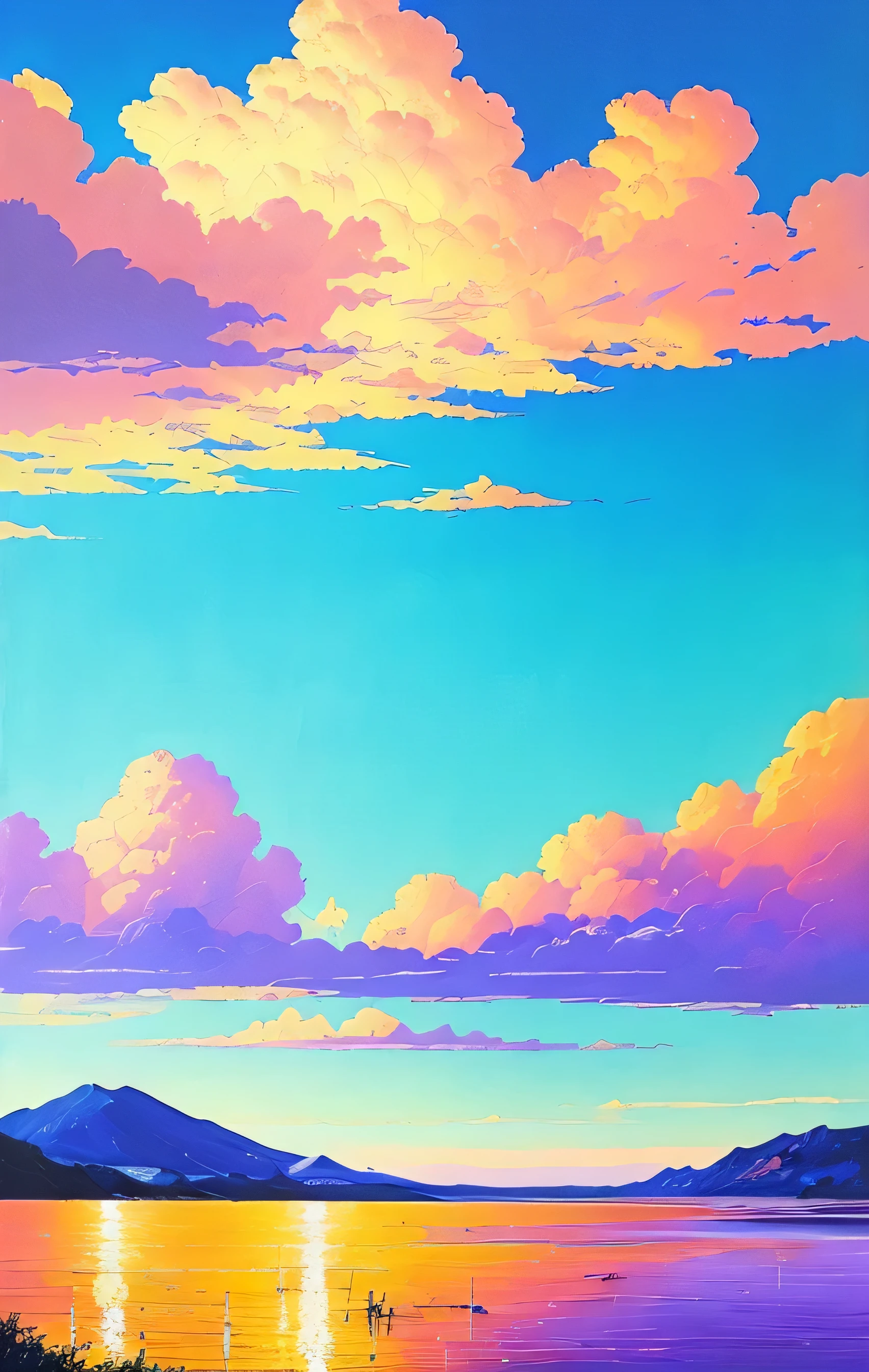 Realistic, beautiful Stunning landscape oil painting with clouds and lake background by greg rutkowski, style of laurie greasley, studio ghibli, akira toriyama, james gilleard, genshin impact, trending pixiv fanbox, acrylic palette knife, 4k, (vibrant colors), (highly saturated), devinart, trending on artstation