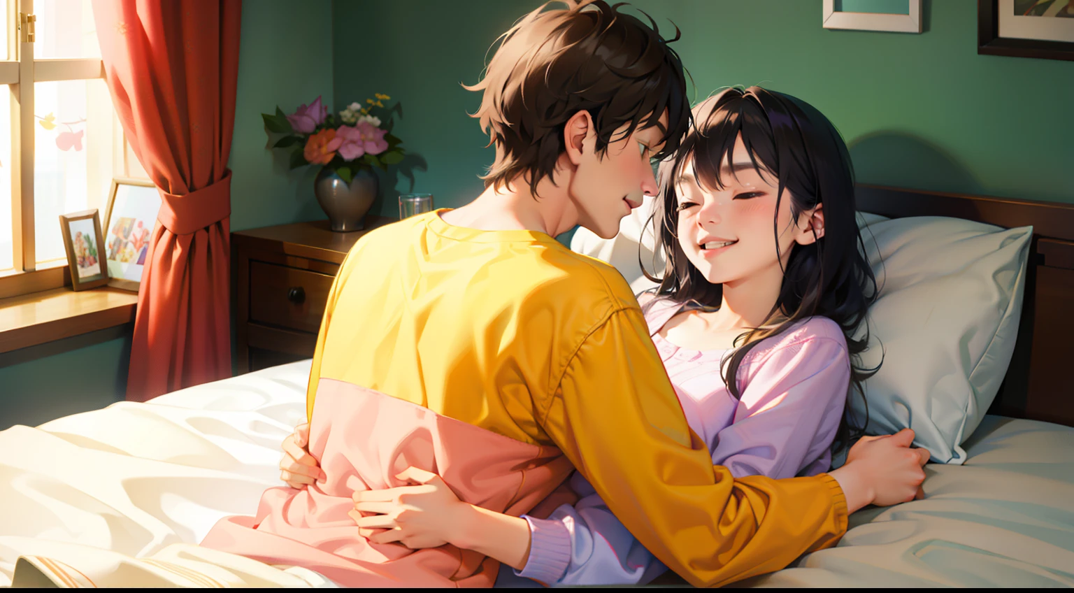 Bedroom, share a bed, Early in the morning, Under the covers, With a happy look,Man and woman hug each other