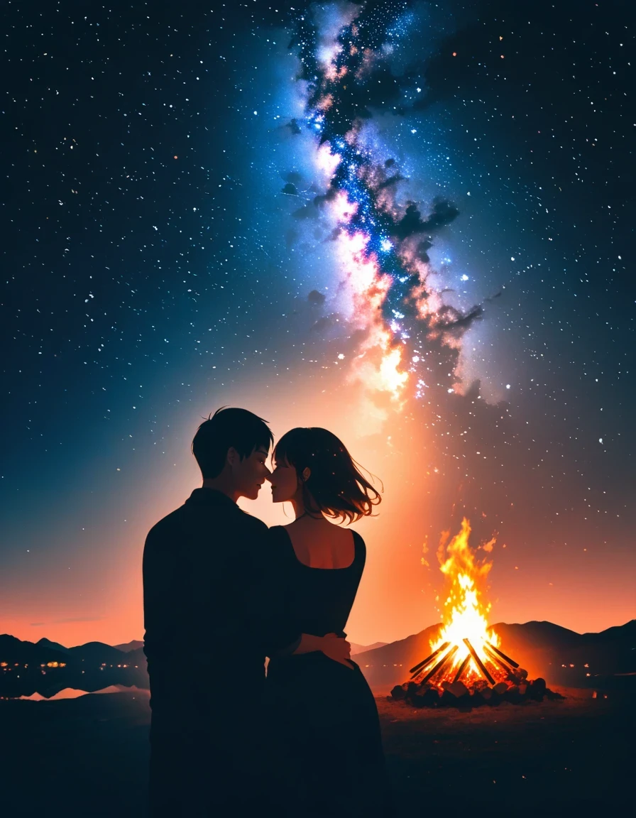 bonfire,Back view of couple in love,  double exposure,Starry Sky,