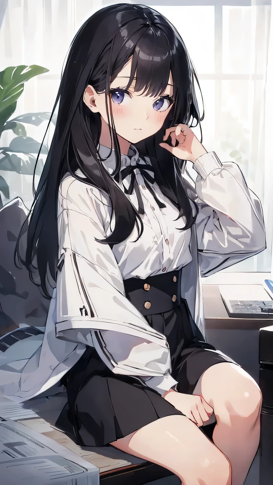 Masterpiece、Highest quality、highest quality、Black Hair、Shiny hair quality、Small face、Girl、Sitting、Super detailed, beautiful, wide eyes、Ultra-detailed, clear and beautiful faces、(cute illustration:1.2), High-resolution, ultra-detailed, best quality, embarrassed