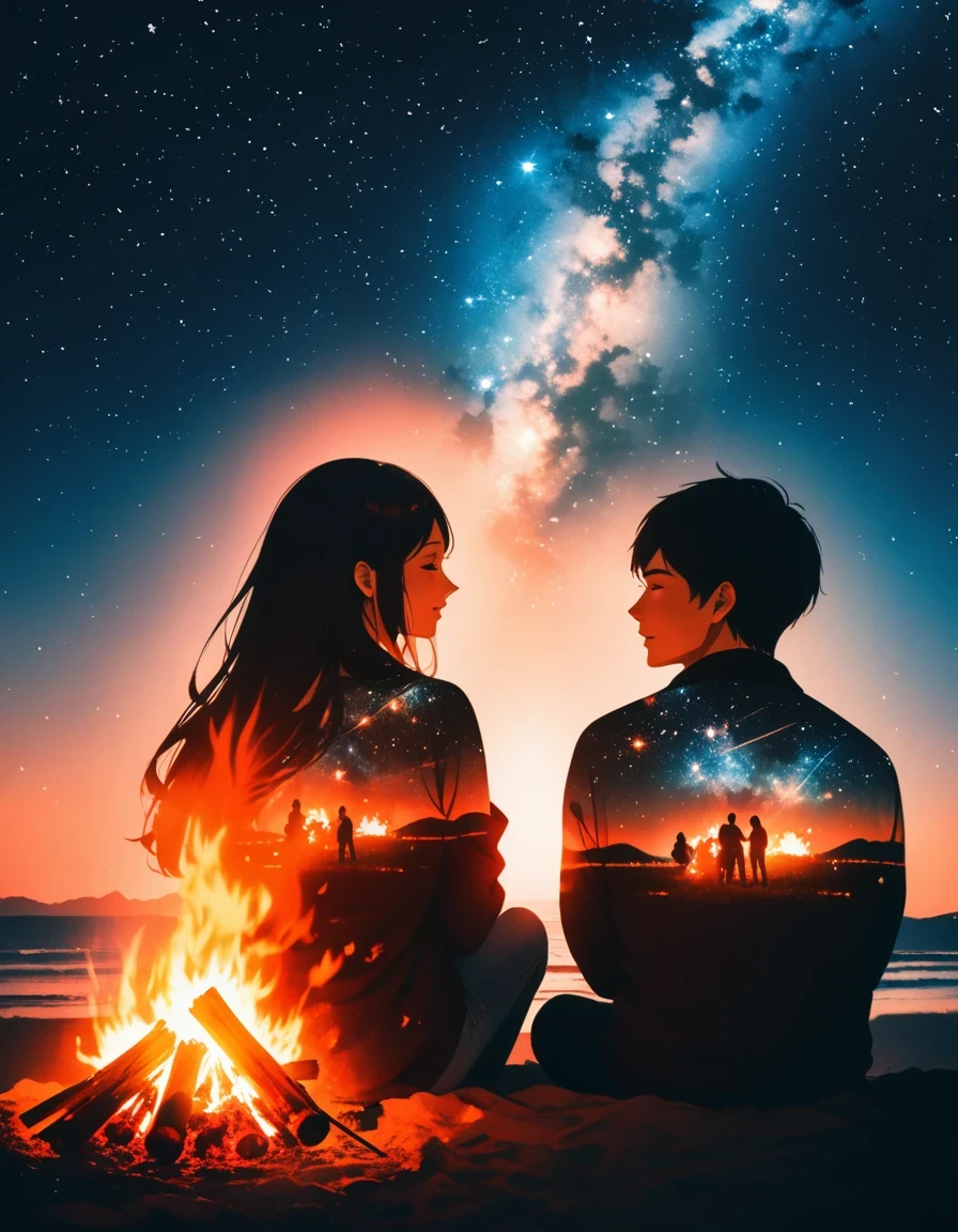 bonfire,Back view of couple in love,  double exposure,Starry Sky,