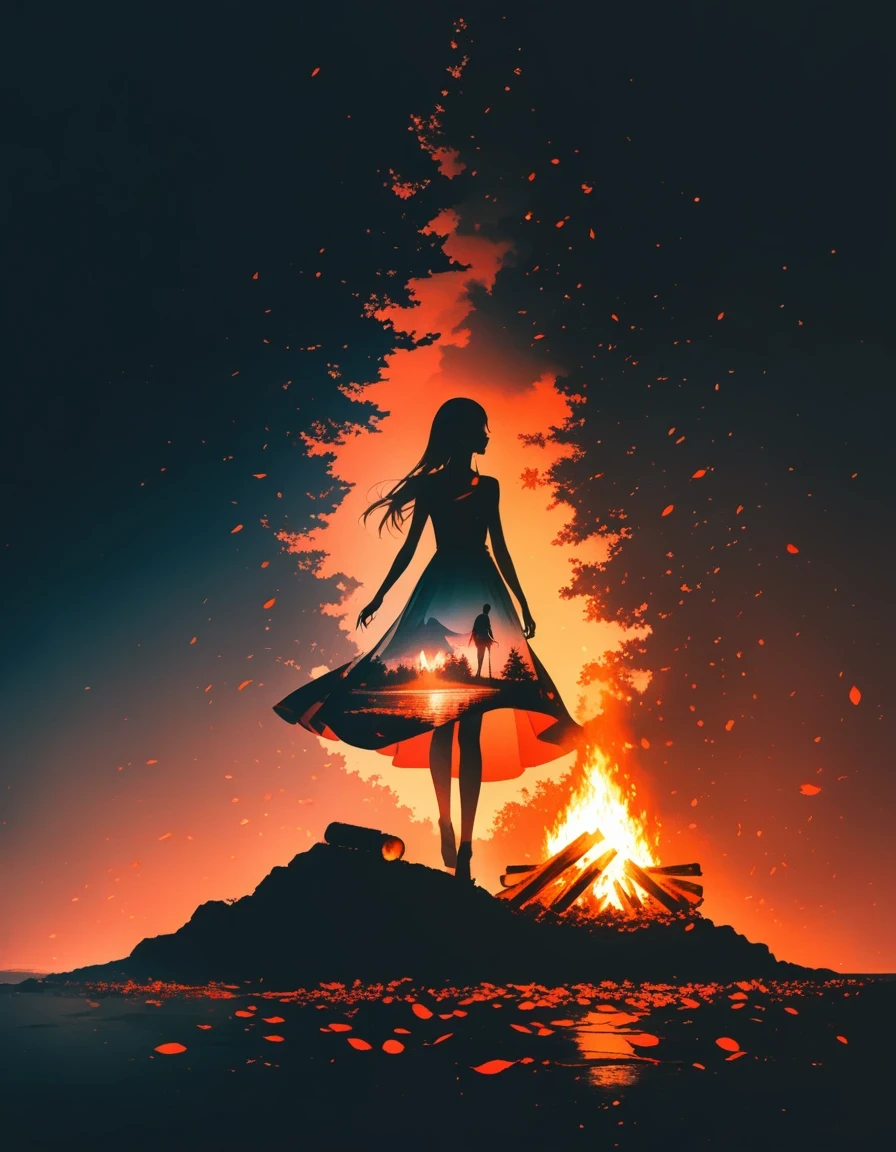 bonfire，Beautiful dancer&#39;s slender shadow on the ground，double exposure，Solitary，bonfire