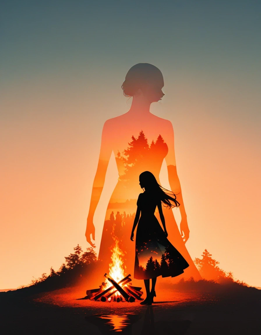 bonfire，Beautiful dancer&#39;s slender shadow on the ground，double exposure，Solitary，bonfire