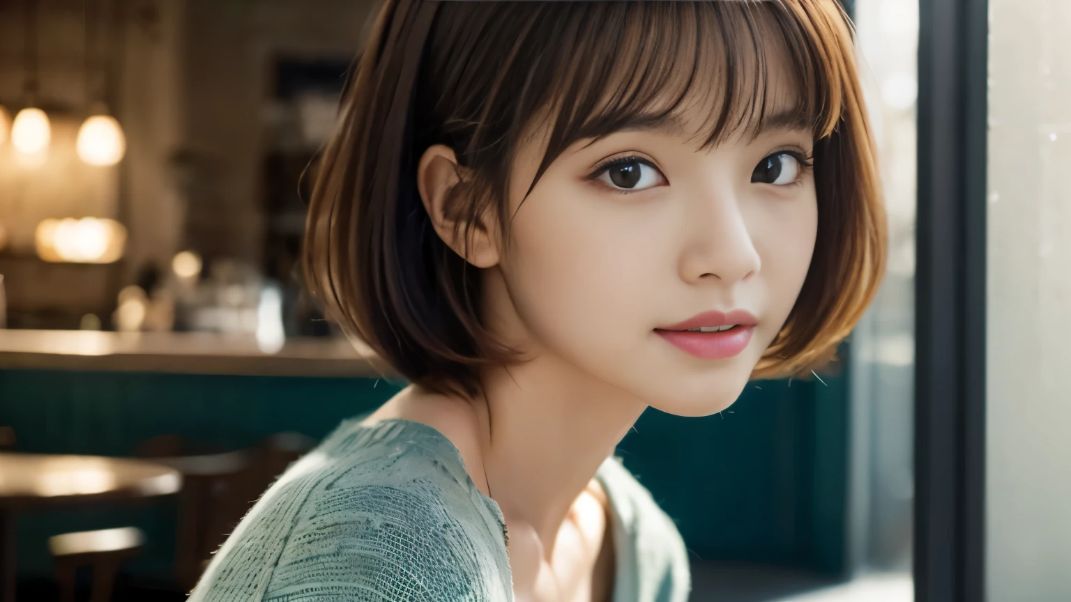 (highest quality、8k、32k、masterpiece:1.2)、cute日本人女性の写真、very short bob hair、Upper body、Face Focus、Extra Large_sweater、necklace、Background of the café、From above、Viewer looking x4、(8k、Raw photo、highest quality、masterpiece:1.2)、(Realistic、Photorealistic:1.37)、One Girl、cute、Professional Lighting、Photon Mapping、Physically Based Rendering、Gradient brunette hair、Short Curly Hair、Handsome、Girlish、Excellent image quality、High resolution、1080p、(Clear Face)、(Detailed face description)、(Detailed hand description)、(Masseter muscle area)、(Exquisite CGI)、 Extreme light and shadow、My hair is messy、masterpiece、Rich details、(Graceful features)、(Best image quality)、(masterpiece)、(Detailed eyes)、I look forward to seeing you、Delicate clavicle、Various poses、Don'don't watch mela、profile、Photographed inside the cafe、Spring Clothes、simple necklace、Light Blue Knit