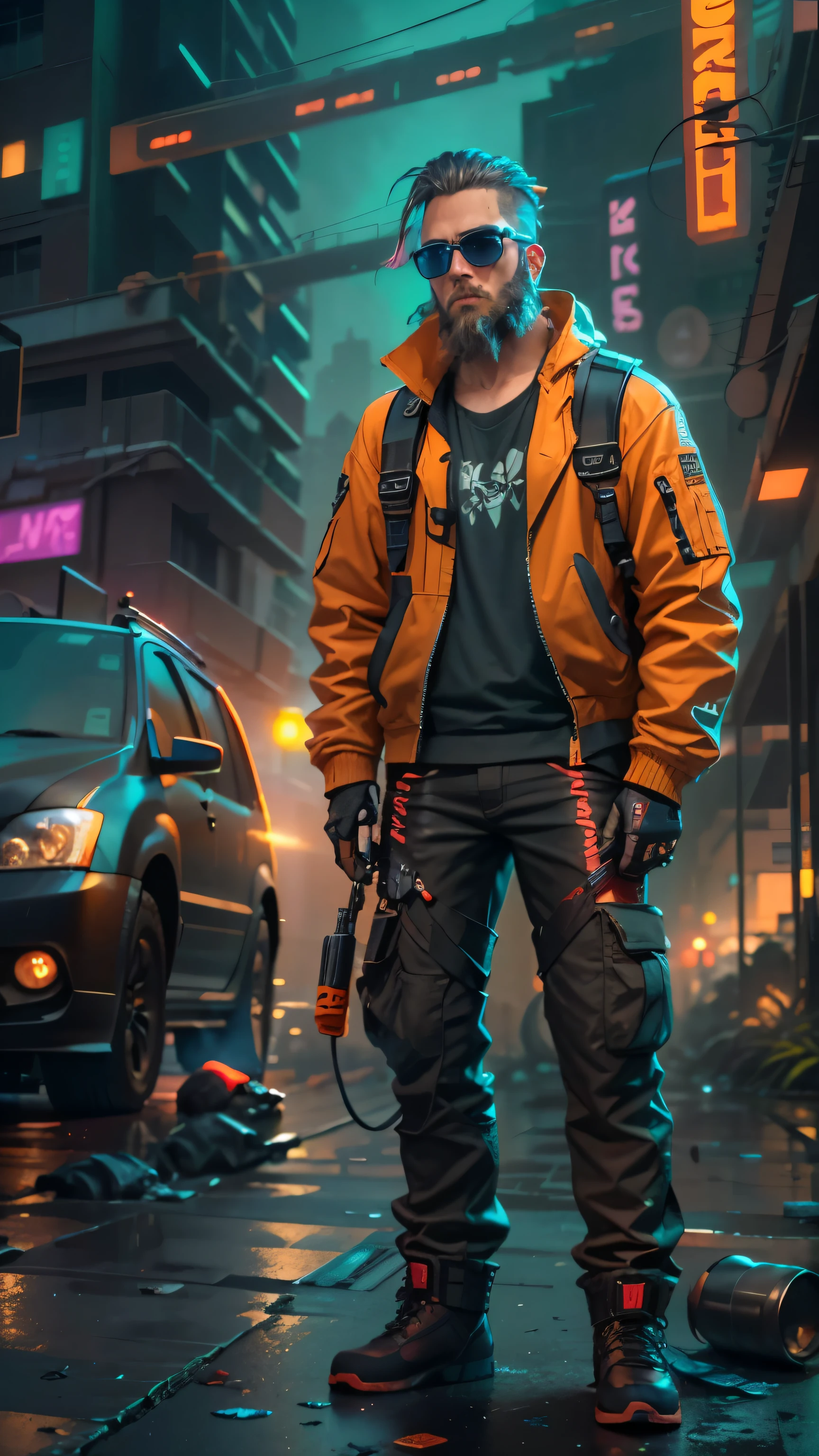 cyberpunk,monster-hunting,world-traveling,street-wandering creature hunted,streetscapes,cargo truck,jacket filled with small handheld tools,gloves for handling equipment,orange sunglasses,unkempt beard,messy long hair,enjoying the excitement of the job,looking at him from the passenger seat,best quality,ultra-detailed,realistic:1.37,professional, vivid colors,physically-based rendering,picturesque landscapes,dystopian city,neon lights,gritty atmosphere,high-tech gadgets,biomechanical implants,urban decay,grimy streets,cityscapes,haunting shadows,glowing cybernetic eyes,nighttime rain,glitchy holograms,electric sparks,cybernetic enhancements,stunning visual effects,high contrast,grunge textures,blurred background,futuristic vehicles,mysterious alleyways,industrialized skyline,advanced technology,moonlit cityscape,supernatural creatures,human-animal hybrids,sci-fi horror,action-packed scenes, dynamic compositions,moody lighting,colorful neon signs,pulsating energy。