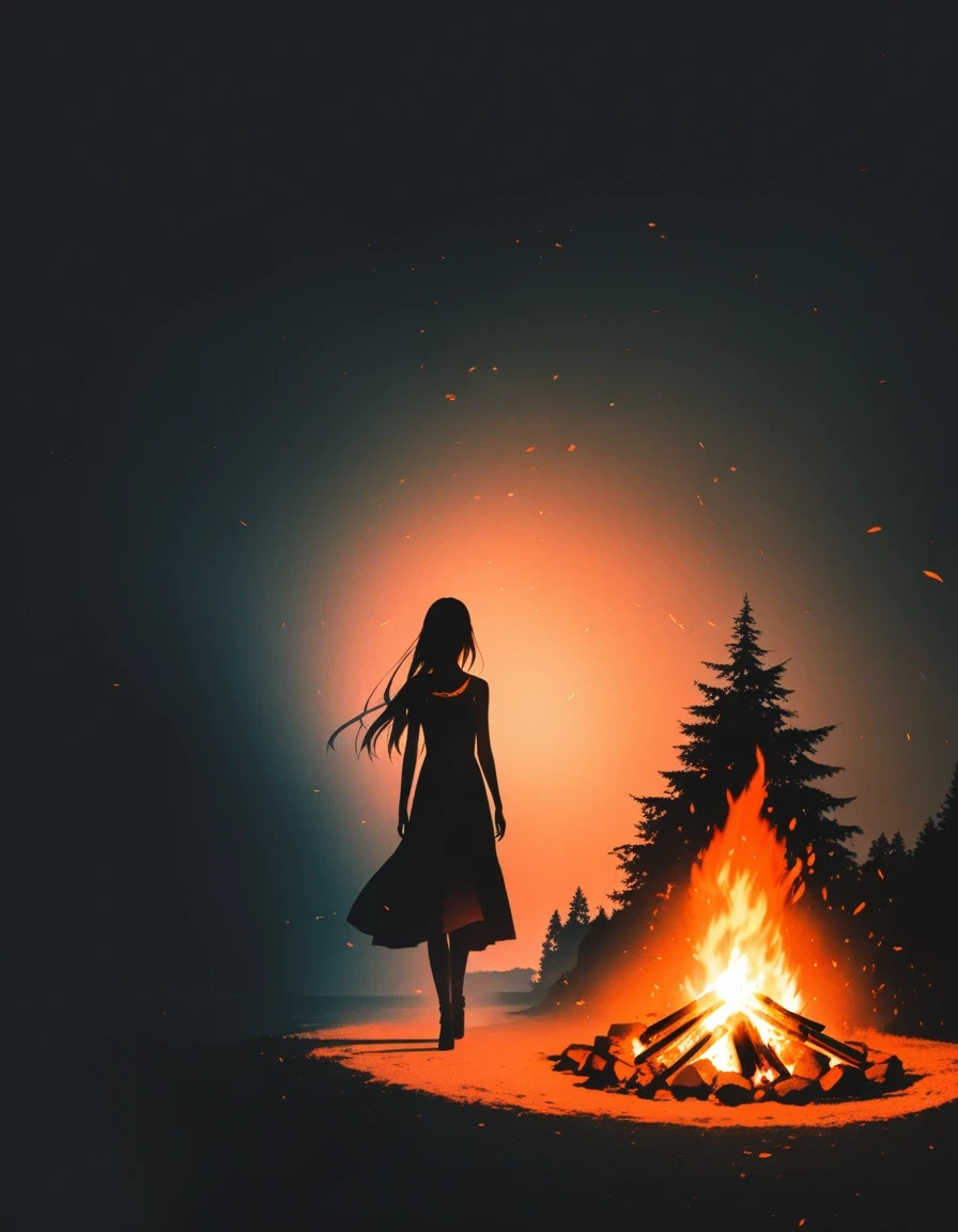 bonfire,Beautiful dancer's slender shadow on the ground,double exposure,Solitary,bonfire