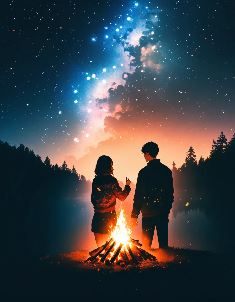 bonfire,Back view of couple in love, double exposure,Starry Sky,
