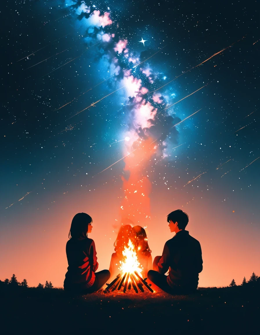 bonfire,Back view of couple in love,  double exposure,Starry Sky,