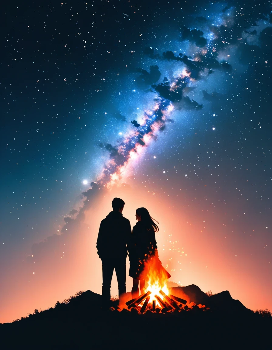 bonfire,Back view of couple in love, double exposure,Starry Sky,