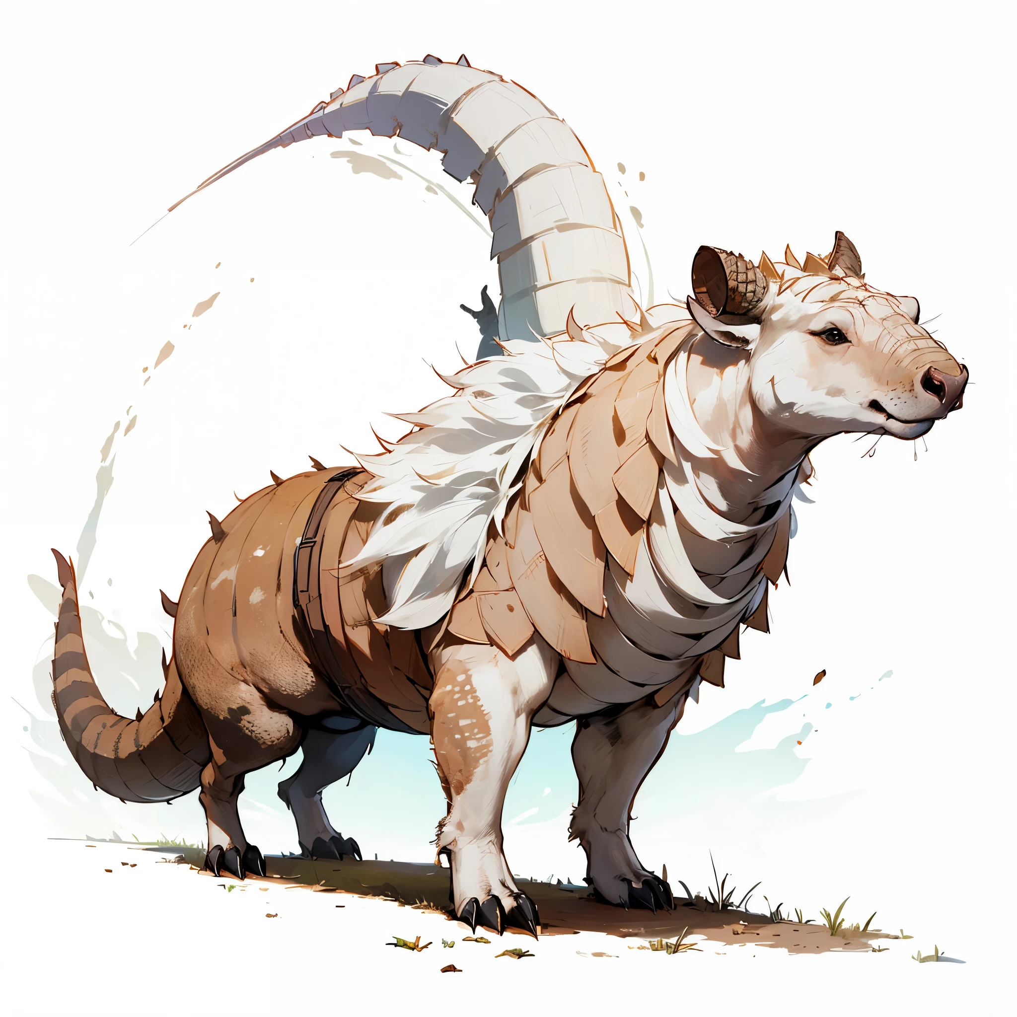 Big animal, (((Has very large horns on his back))), Armadillo mixed with bear, big tail, fat, black eyes, Grassroots background 