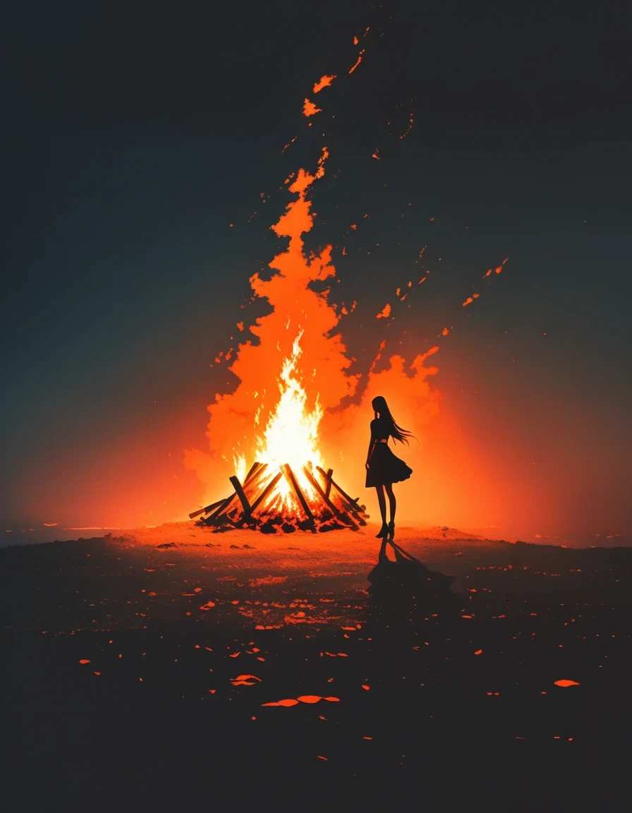 bonfire,Beautiful dancer's slender shadow on the ground,double exposure,Solitary,bonfire