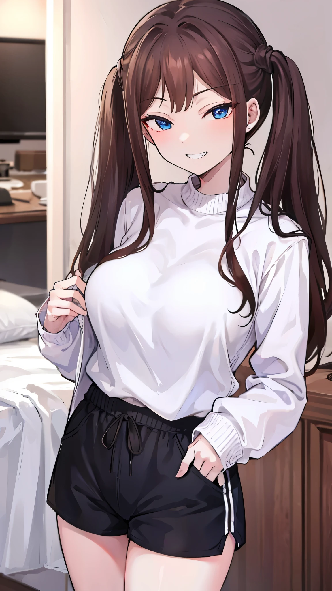 (masterpiece、highest quality、Super detailed)、One girl、tsubame、Brown Hair、twintails、Blue eyes、evil smile、((Grin))、Earrings、big breasts、((White sweater))、((black sports short shorts))、Cowboy Shot、Are standing、Bedroom Background
