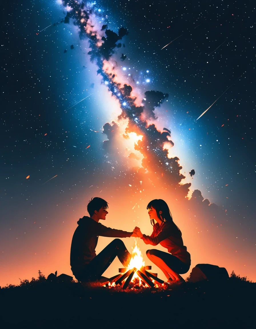 bonfire,Couple, double exposure,Starry Sky,