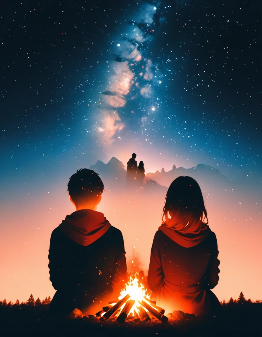 bonfire,Couple,  double exposure,Starry Sky,