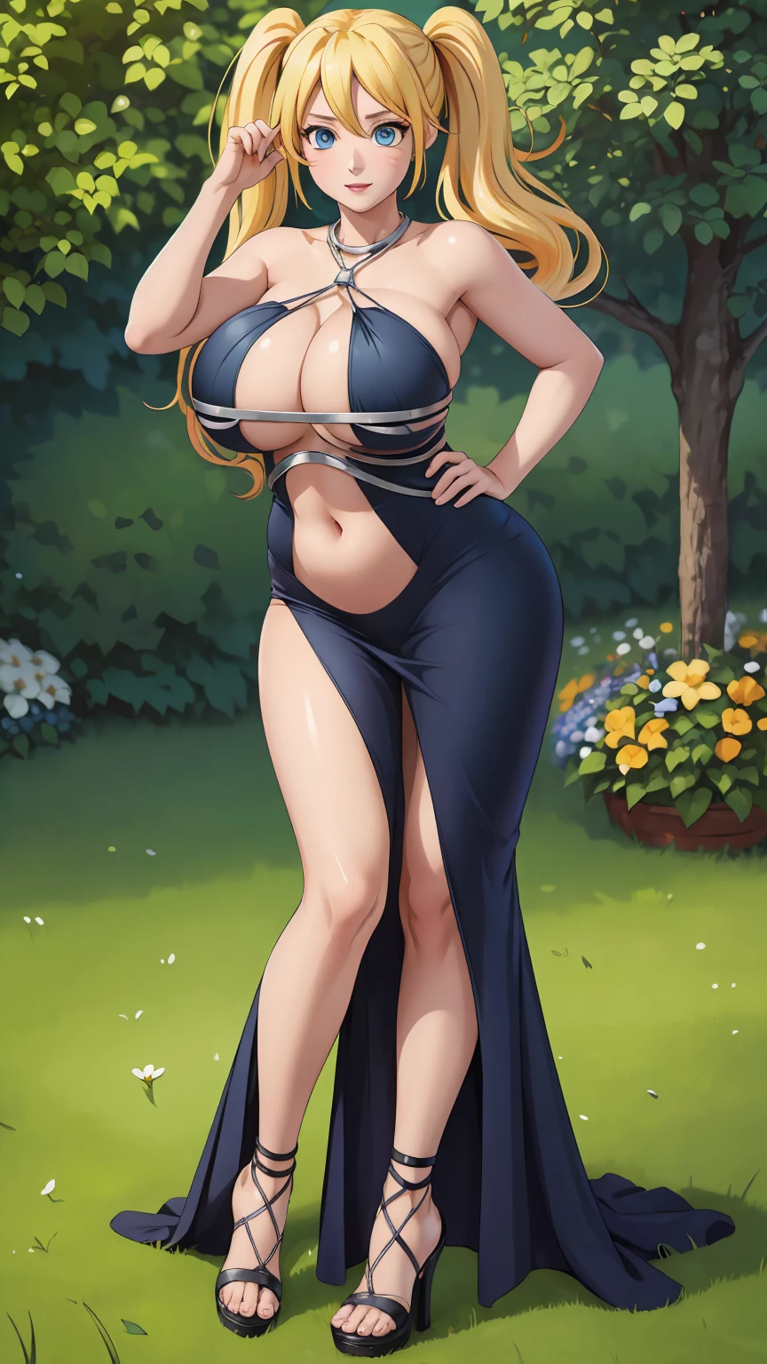 masterpiece, ultra high-quality, extremely detail 8k cg, high resolution, 1girl, narukouzumaki, twintails, wisker marks, blonde hair, blue eyes, perfect eyes, thin body, huge breasts, bursting breasts, evening gown, halterneck, criss-cross halter, high heels, choker, beautiful face, outdoors, garden, night time, full shot photo, full body