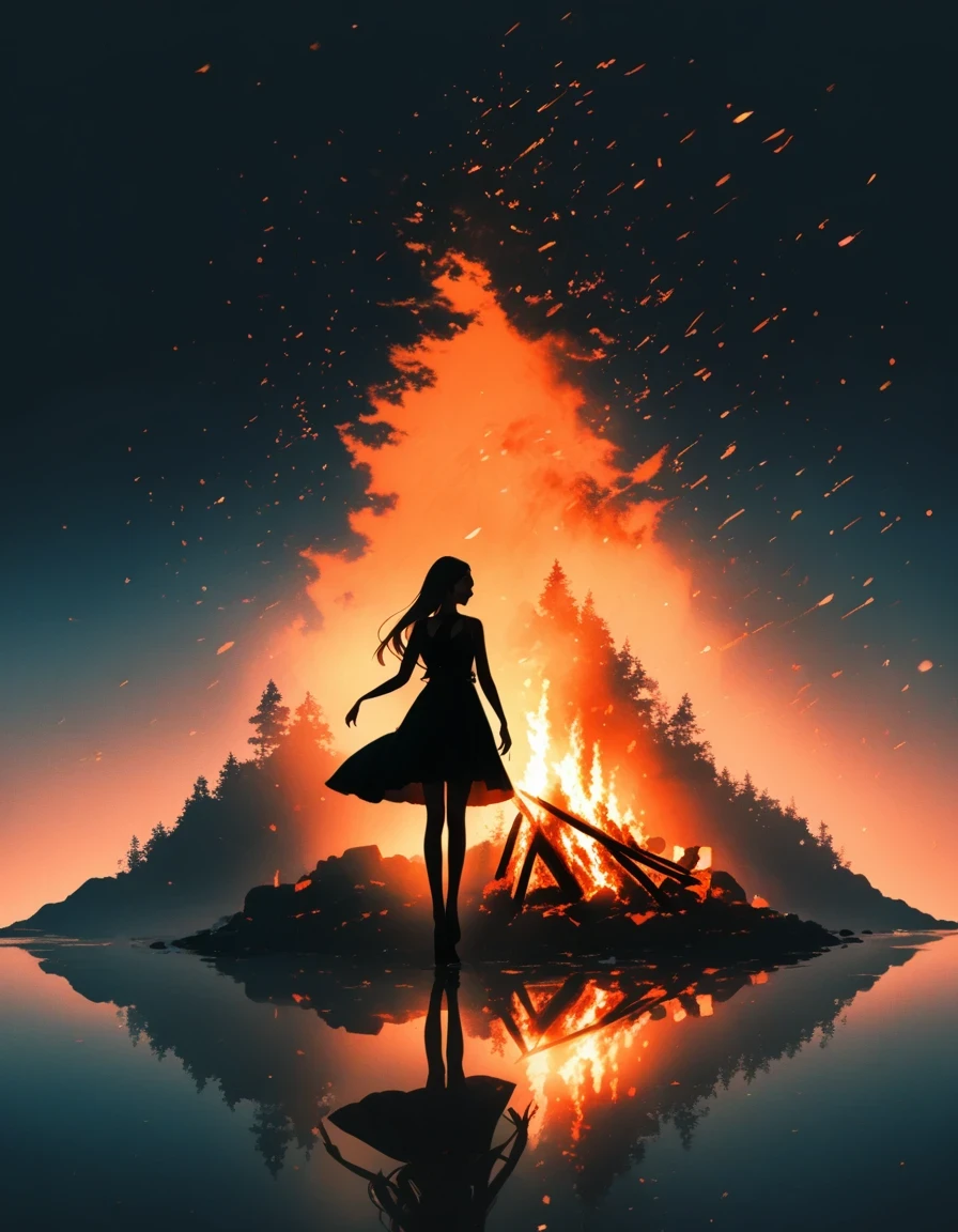 bonfire,Beautiful dancer's slender shadow on the ground,double exposure,Solitary,bonfire