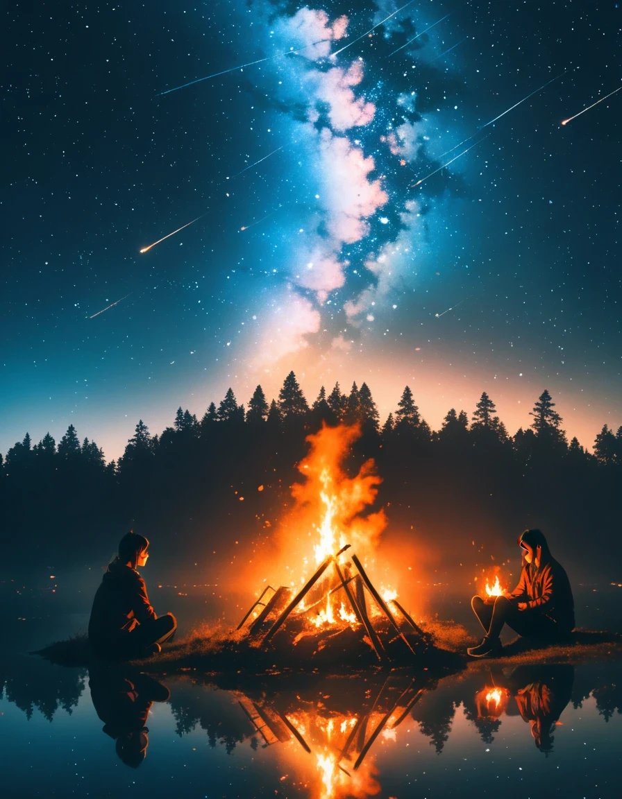 bonfire,forest,  double exposure,Starry Sky,