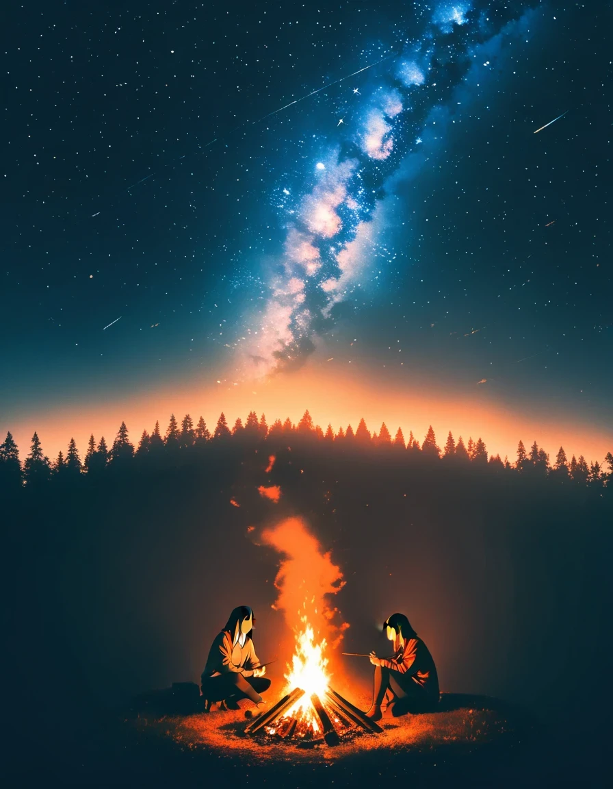 bonfire,forest,  double exposure,Starry Sky,