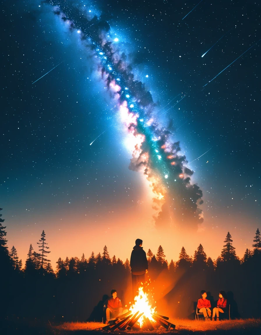 bonfire,forest, double exposure,Starry Sky,