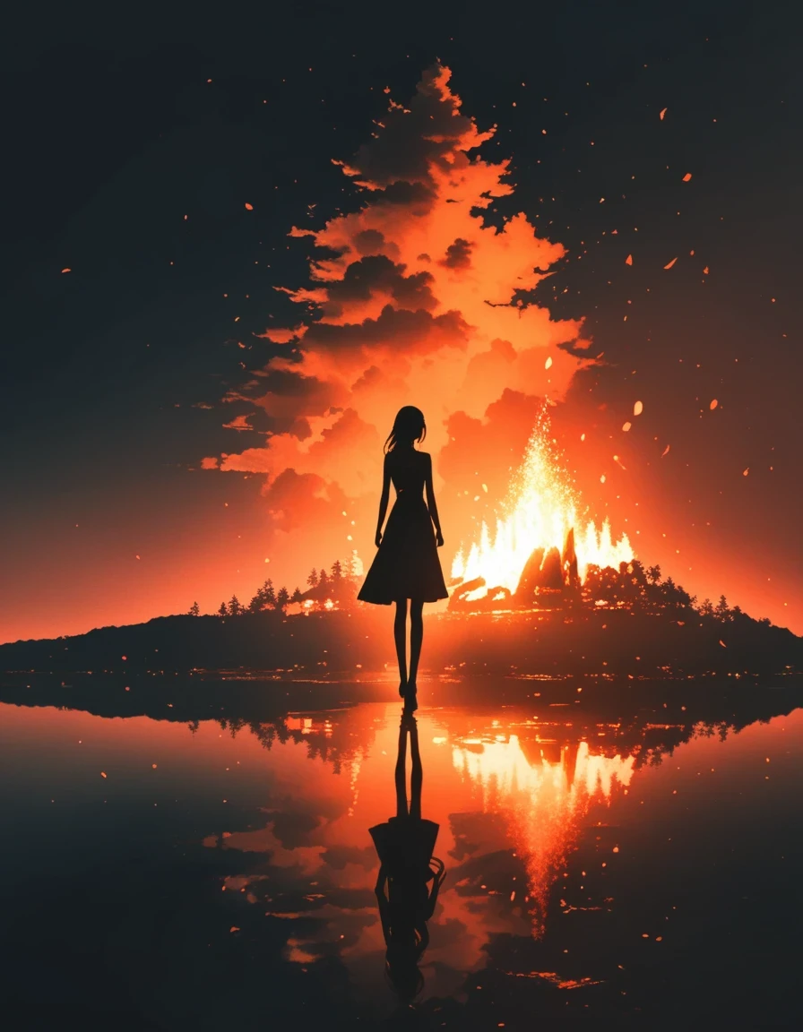 bonfire,Beautiful dancer's slender shadow on the ground,double exposure,Solitary,bonfire