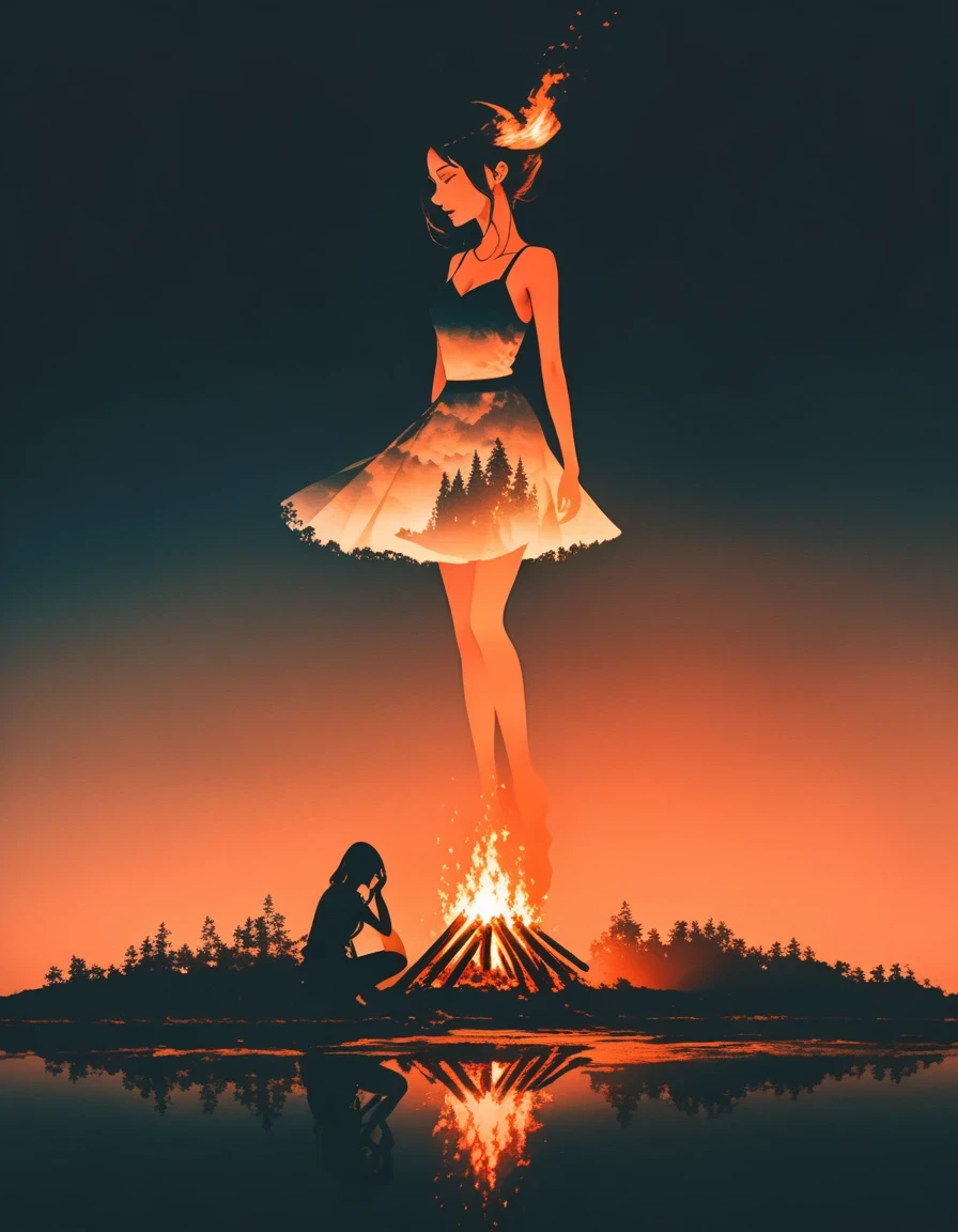 bonfire,Beautiful dancer's slender shadow on the ground,double exposure,Solitary,bonfire