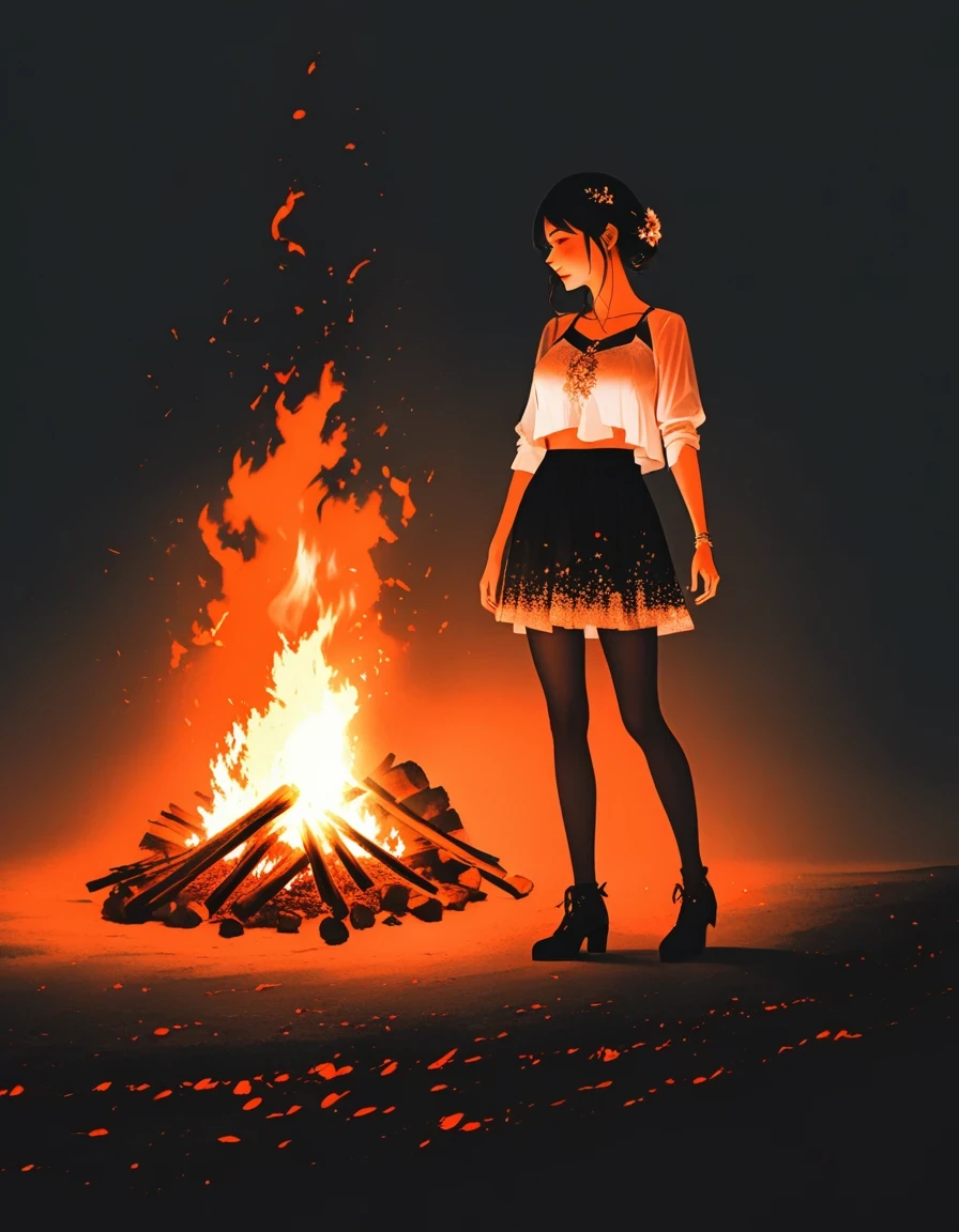 bonfire，Beautiful dancer&#39;s slender shadow on the ground，double exposure，Solitary，bonfire