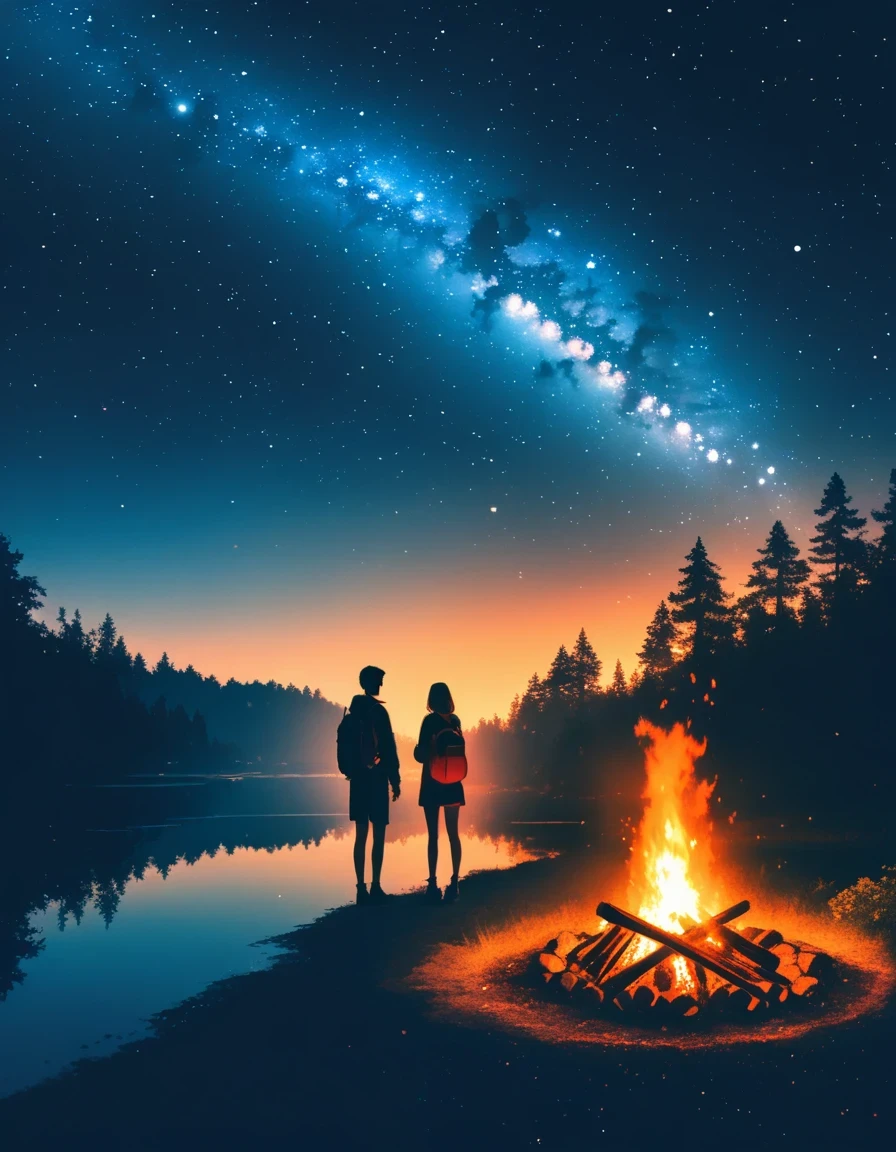 landscape, summer, night, forest, bonfire, double exposure,Starry Sky,