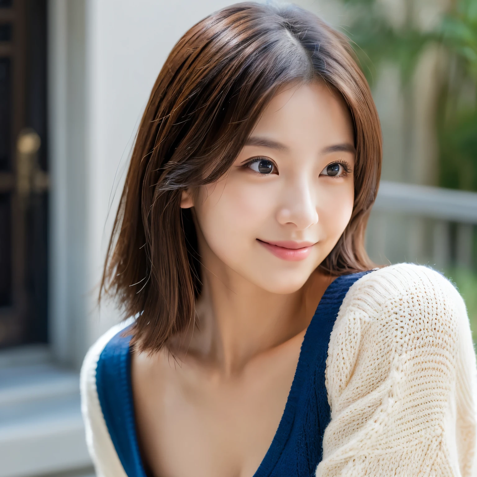 (masterpiece:1.3), (8K, Photorealsitic, Raw photography, Top image quality: 1.4), Japan high school girls、(Random hairstyles:1.2)、cleavage of the breast:1.2、Super Detail Face、Eye of Detail、double eyelid、Bring your chest together、sharp focus:1.2、prety woman:1.4、light brown hair、top-quality、masterpiece、超A high resolution、(Photorealsitic:1.4)、Highly detailed and professional lighting smile、Loose and light knitwear、Shoulder out、slender、serious facial expression、short-haired、Fatal position