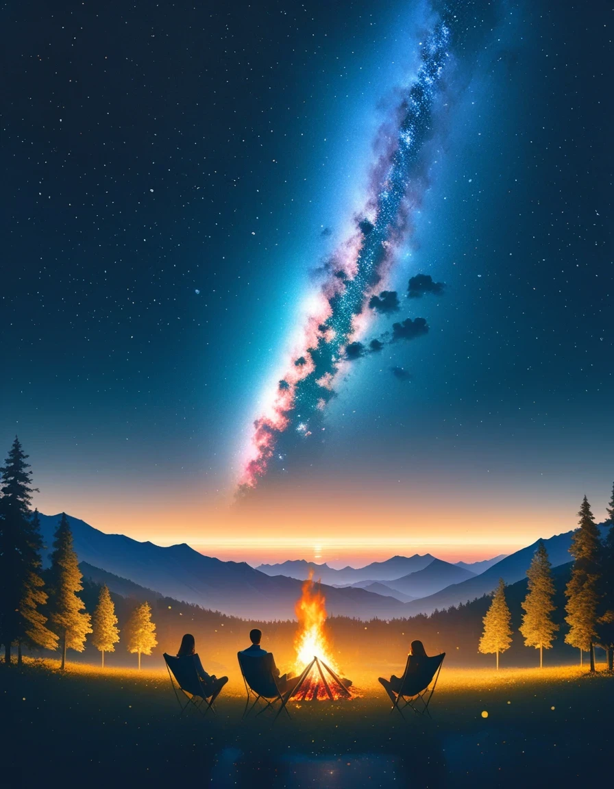 landscape, summer, night, forest, bonfire, double exposure,Starry Sky, High definition details, Ultra Detailed, Movie, Surrealism, Soft Light, deep focus bokeh, Ray Tracing, Surrealism. , Art Station Pixiv Gees, author：Xin Haicheng, Art sprouts