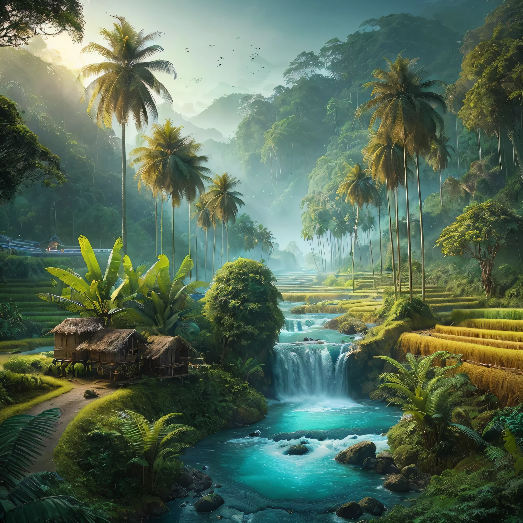 Create beautiful and enchanting hyperrealistic landscape images, coconut trees on the river bank, banana trees with partially dry leaves, fern trees. small waterfall flowing with clear blue water, surrounded by rocks and plants, dark forest, old huts in the middle of green and yellow rice fields, similar hills in the background