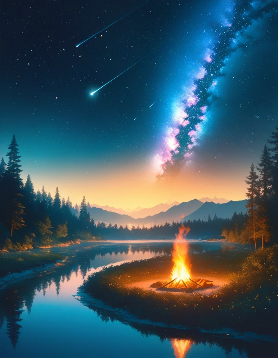 landscape, summer, night, forest, bonfire, double exposure,Starry Sky, High definition details, Ultra Detailed, Movie, Surrealism, Soft Light, deep focus bokeh, Ray Tracing, Surrealism. , Art Station Pixiv Gees, author：Xin Haicheng, Art sprouts