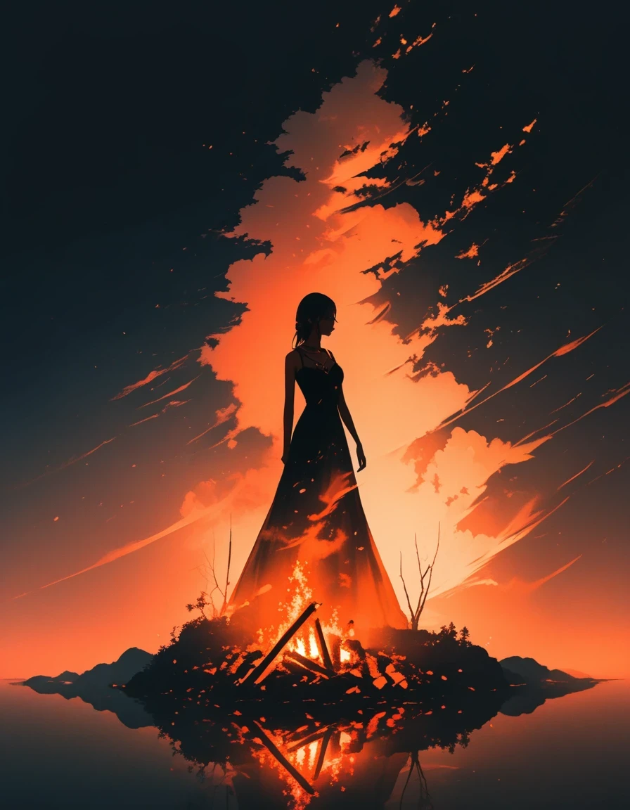 Beautiful dancer's slender shadow on the ground,double exposure,Solitary,bonfire,bonfire,