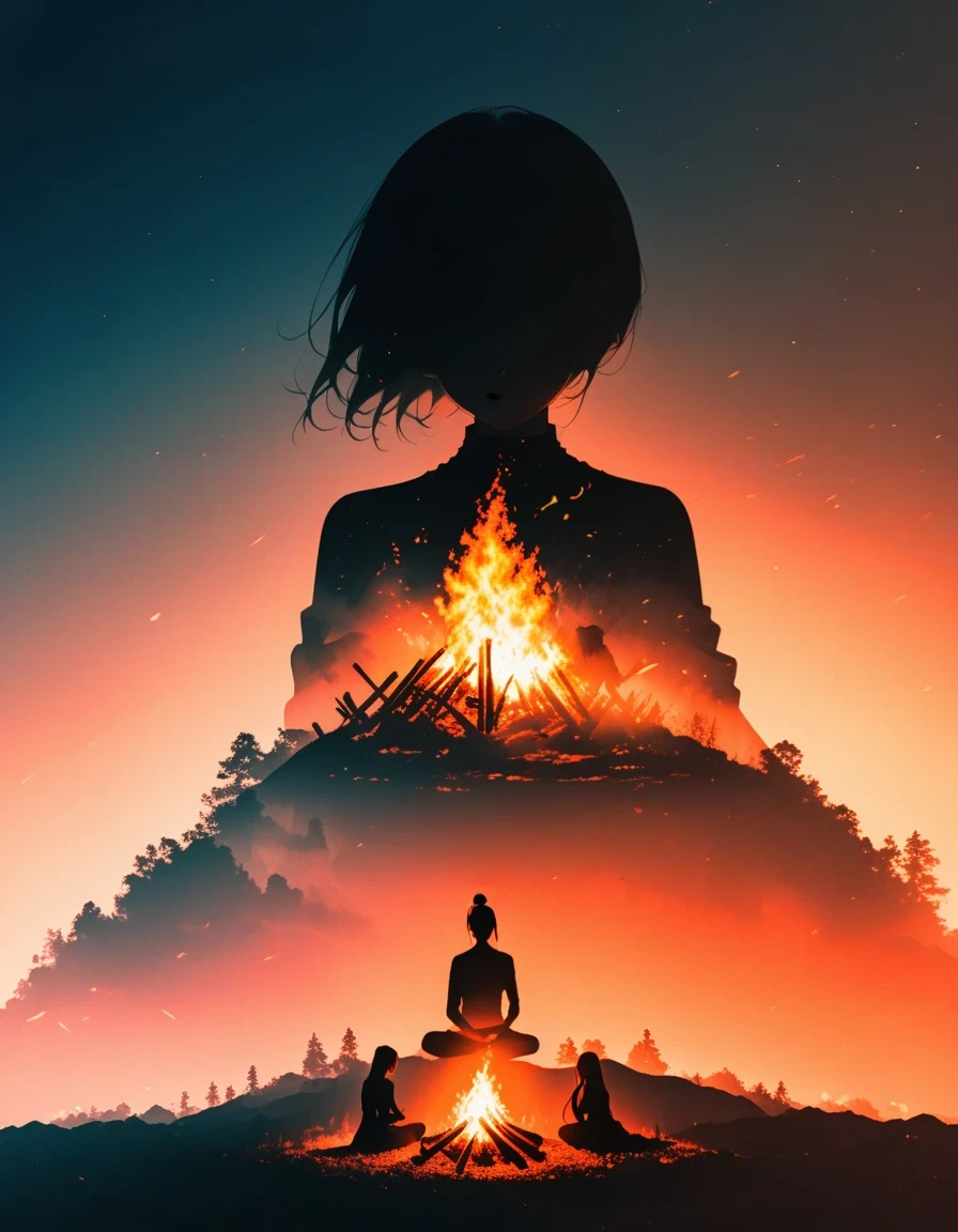 Beautiful dancer&#39;s slender shadow on the ground，double exposure，Solitary，bonfire，bonfire，