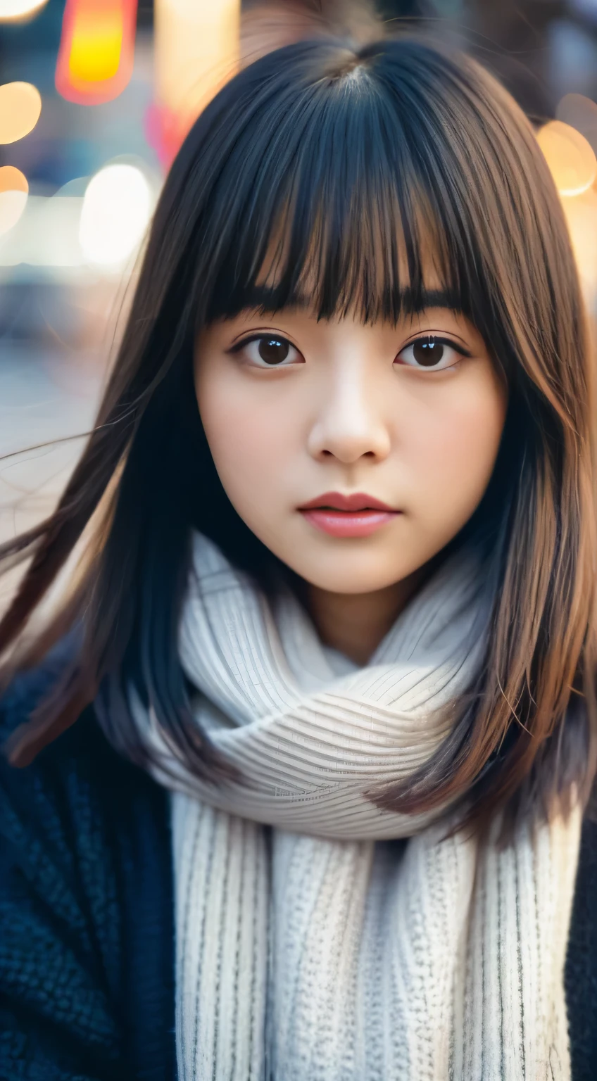 A stunning close-up portrait of a young, beautiful woman shot in RAW, Look away, Analog Style and Impressive Features. she has been for a long time, Flowing Hair, A seductive gaze, attractive appearance. Neutral and simple backgrounds, The woman can be the focus of the image. Pay attention to the details, such as highLight and shadows on her face and hair, Create realistic and lifelike images. Try different lighting techniques、Enhance the mood of your portraits。. The final product iust be a masterpiece that captures the essence and beauty of women ((Highly detailed skin, Skin details)), Sharp focus, Volumetric Fog, 8k, Ultra-high resolution, Digital SLR, high quality, Film Grain, Fujifilm XT3, Long sleeve dress, Wool dress, Dark blue floret dress, Wear a woolen coat, Shortcuts, Disheveled Hair, Wind, Antique street corner, north Wind, Dead leaves, Fallen leaves, Fallen leaves fluttering in the Wind, cold, cold, A street corner crowded with Christmas decorations, Girl staring alone, Light, orange city Light, warm Light, Christmas Light, blurred Light, Sad expression, Tears in my eyes, a single tear, Snowflakes, Tokyo Tower