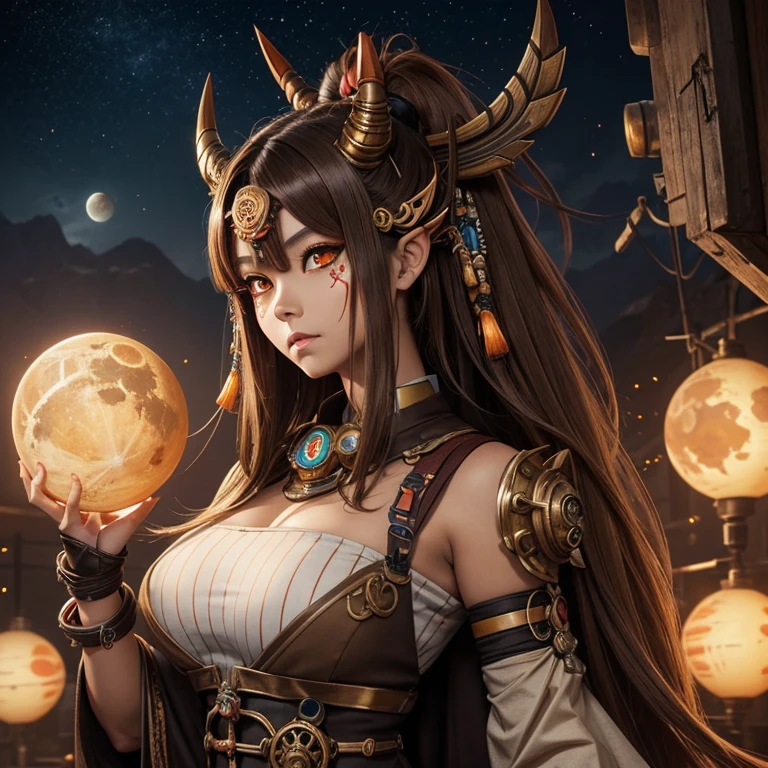 oni girl, anime style, Oni mask, goddess of the solar system, Jupiter, fan, high detail, ocher, silver, brown, beige stripes, neon, steampunk, huge glowing eyes, brown hair, hyper-detailed facial features, full-length, curvy bust,