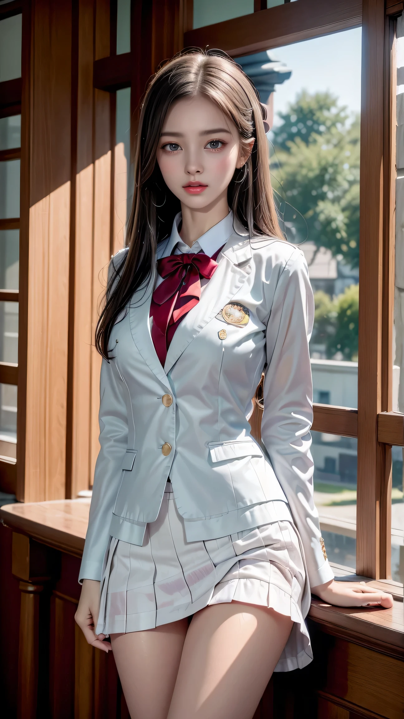 top quality work,Actual work,Ultra Premium Graphics,8K HD CG works,High quality graphics,High-definition CG works,10x pixels,Extremely fine detail:1.1,Advanced Technical Details:1.1 Photorealistic,(Girl sitting cross-legged on the stairs)Natural light:1.5. Light effects(virtual Light effects:1.8),wet long silver hair,Silver Hair,Transparent Hair,Hair with attention to detail(premium hair detail:1.1)Clear Eyes,Beautiful double eyelids,Sharp eye makeup, Delicate eyelash makeup, Thin eyebrows, Highly detailed eyes,High nose, Nice red lips, Rose Cheeks, A face with delicate makeup , Cute face, perfectly balanced face,(Advanced Face Detail:1.1),Shiny,wonderful dress,bright red series,((Front open wet white blazer)) 、(translucent wet white blouse)、(Red bow tie)、(Wet Check Skirt)、、girl 、photo shoot,woman'artwork of,Full body portrait,realism,wonderful,My eyes are shining today、(8. She's Wet)),(Sudden rain、Wind),(My skirt flies up in the wind),(I can see your pants)、