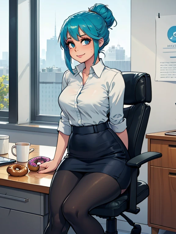 art by kipteitei, 1girl, (aqua blue hair), hair up, blue eyes, black pencil skirt, dress shirt, (black tights), happy expression, (skinny), [stuffed belly], (holding donut), sitting in office, leaning back in chair, fancy office background with lots of windows, (best quality, masterpiece)
