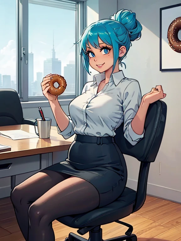 art by kipteitei, 1girl, (aqua blue hair), hair up, blue eyes, black pencil skirt, dress shirt, (black tights), happy expression, (skinny), [stuffed belly], (holding donut), sitting in office, leaning back in chair, fancy office background with lots of windows, (best quality, masterpiece)
