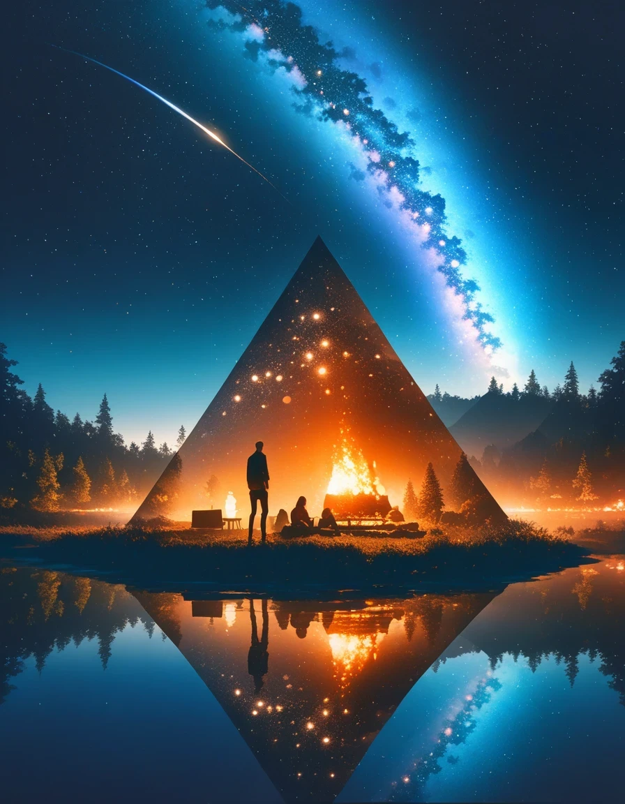 landscape, summer, night, forest, Bonfire in one place, double exposure,Starry Sky, High definition details, Ultra Detailed, Movie, Surrealism, Soft Light, deep focus bokeh, Ray Tracing, Surrealism. , Art Station Pixiv Gees, author：Xin Haicheng, Art sprouts