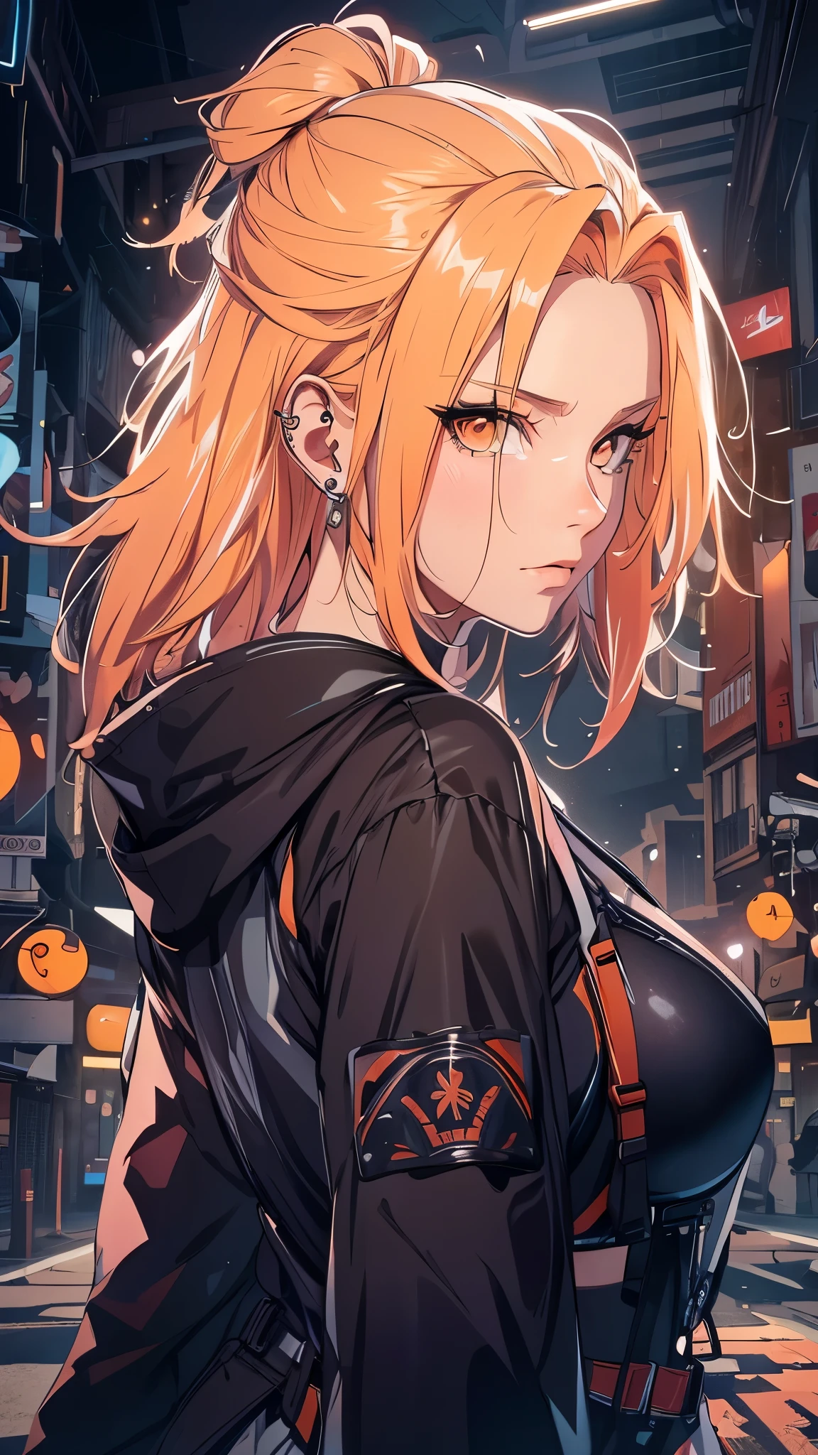 realistic, Beautiful detailed girl, clear and beautiful, Personage as the main perspective, shiny_skin, girl,woman,female, young,25 years old, (medium hair), bangs, (Top knot:1.3), sidelocks, orange hair, (beautiful detailed Glass hair), pink streaked hair,beautiful detailed cold face, cold expression, complex details beautiful and delicate eyes, fingernails, medium_breasts, , orange eyes, Authentic skin texture, gleaming skin,(Multiple piercings), necklace,(sports bra:1.3),(racing bloomers:1.3),bloom,(line art:1.2),realistic illustration,(unreal engine),(GoPro),(insanely detailed),perfect shading,(digital art),(ray tracing),(intricate detailed),creative refinement,(dark atmosphere)