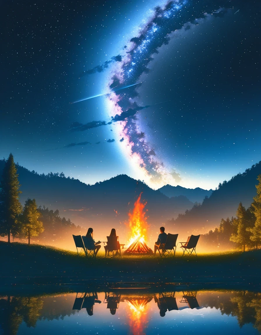landscape, summer, night, forest, Bonfire in one place, double exposure,Starry Sky, High definition details, Ultra Detailed, Movie, Surrealism, Soft Light, deep focus bokeh, Ray Tracing, Surrealism. , Art Station Pixiv Gees, author:Xin Haicheng, Art sprouts