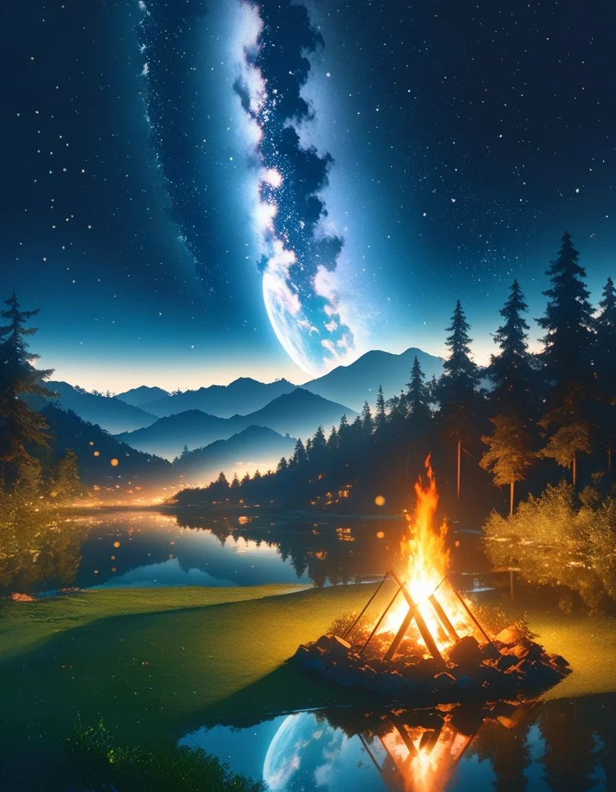 landscape, summer, night, forest, Bonfire in one place, double exposure,Starry Sky, High definition details, Ultra Detailed, Movie, Surrealism, Soft Light, deep focus bokeh, Ray Tracing, Surrealism. , Art Station Pixiv Gees, author：Xin Haicheng, Art sprouts