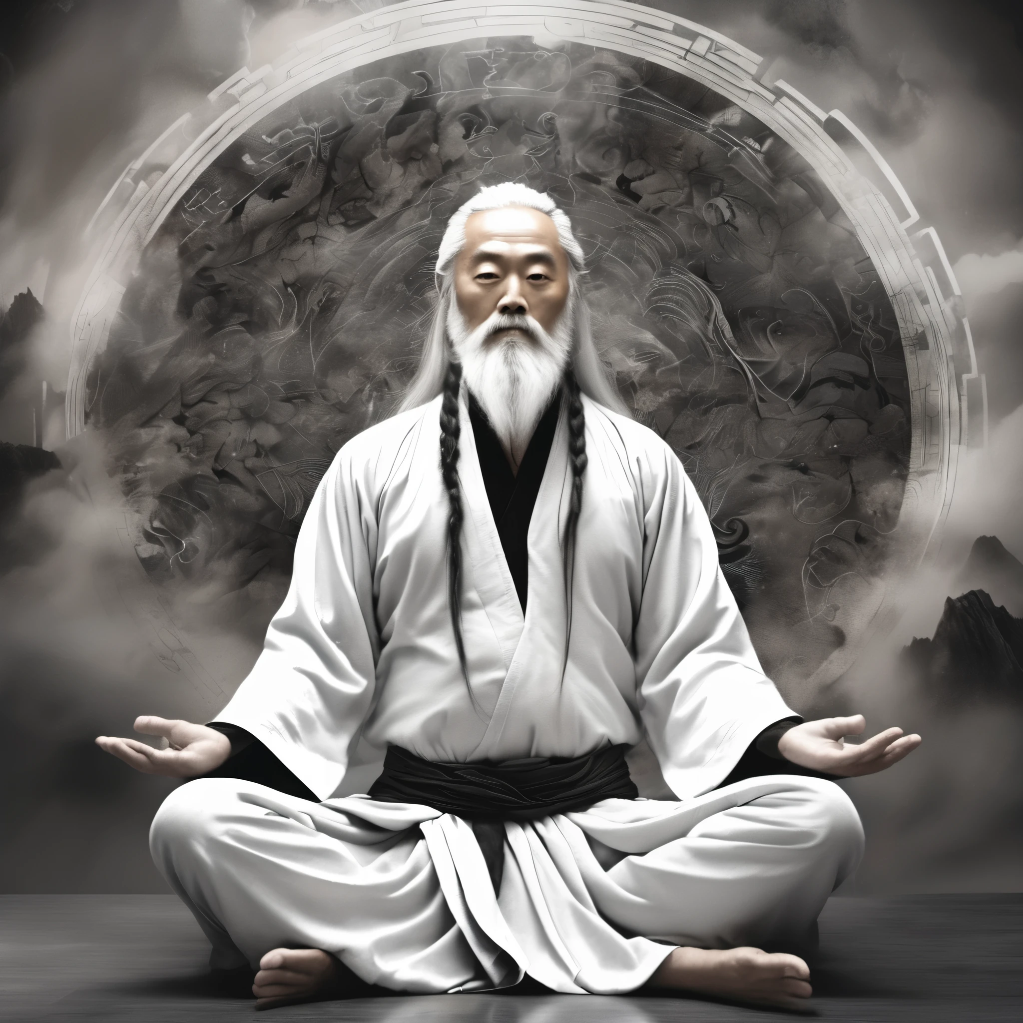 lotus pose，Step into the realm of digital art with this captivating prompt for a digital artwork of a legendary Qi Gong master, with long white beard and flowing hair, surrounded by ethereal Tai Chi patterns, in a black and white composition. The composition captures the essence of inner strength and wisdom, as the master radiates a serene aura amidst the intricate Tai Chi patterns. The flowing lines and delicate details of the artwork create a sense of movement and harmony. The black and white color palette adds a timeless and mystical quality, emphasizing the contrast between light and darkness. Created by renowned digital artist Fan Yang.Xill